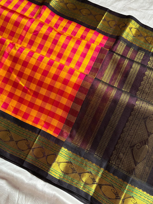 Paalum Pazhamum Kattam - Yellow Pink Checks with Coffee Brown Kanchi Silkcotton