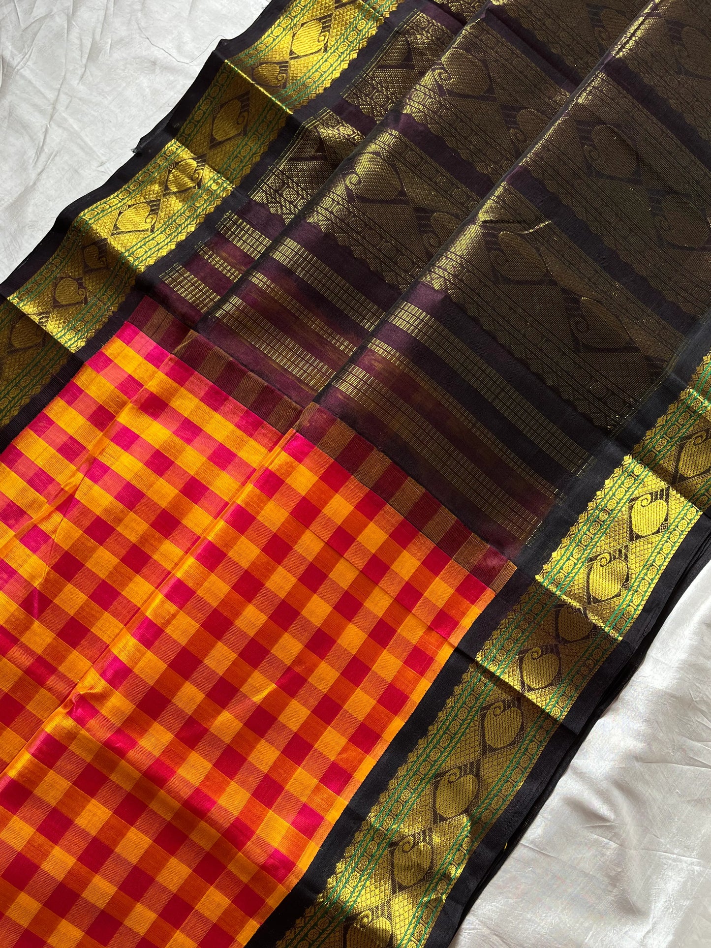 Paalum Pazhamum Kattam - Yellow Pink Checks with Coffee Brown Kanchi Silkcotton