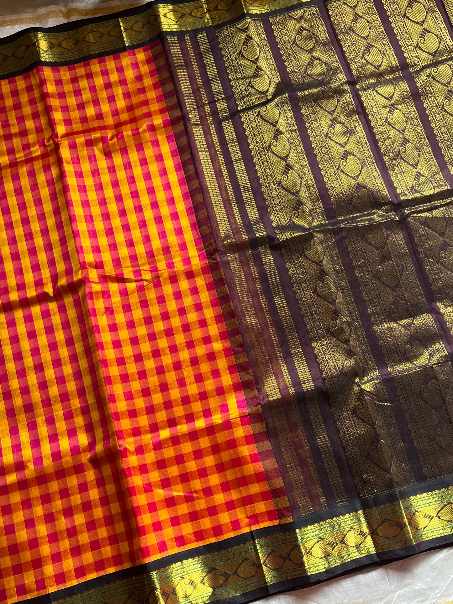 Paalum Pazhamum Kattam - Yellow Pink Checks with Coffee Brown Kanchi Silkcotton