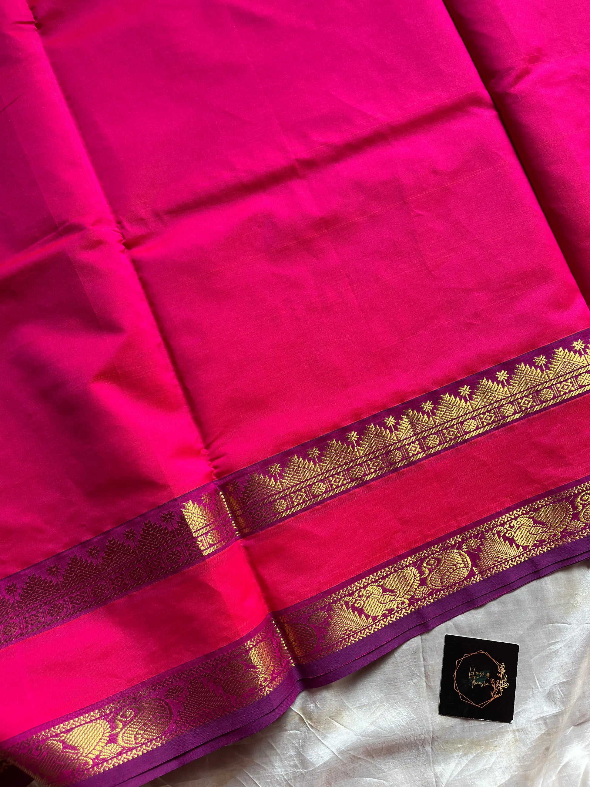 Vibrant pink handloom Kanchi silk cotton saree (50% silk, 50% cotton) with deep blue pallu and contrast blouse