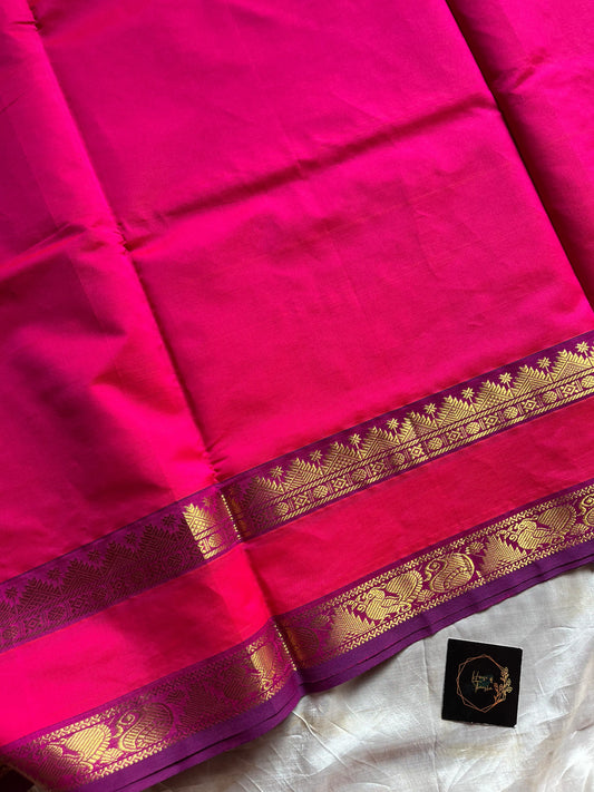 Vibrant pink handloom Kanchi silk cotton saree (50% silk, 50% cotton) with deep blue pallu and contrast blouse
