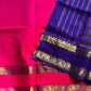 Vibrant pink handloom Kanchi silk cotton saree (50% silk, 50% cotton) with deep blue pallu and contrast blouse