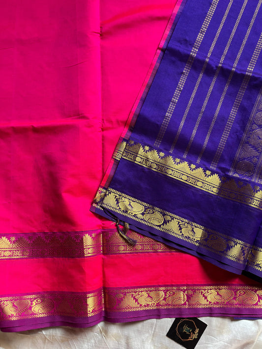 Vibrant pink handloom Kanchi silk cotton saree (50% silk, 50% cotton) with deep blue pallu and contrast blouse