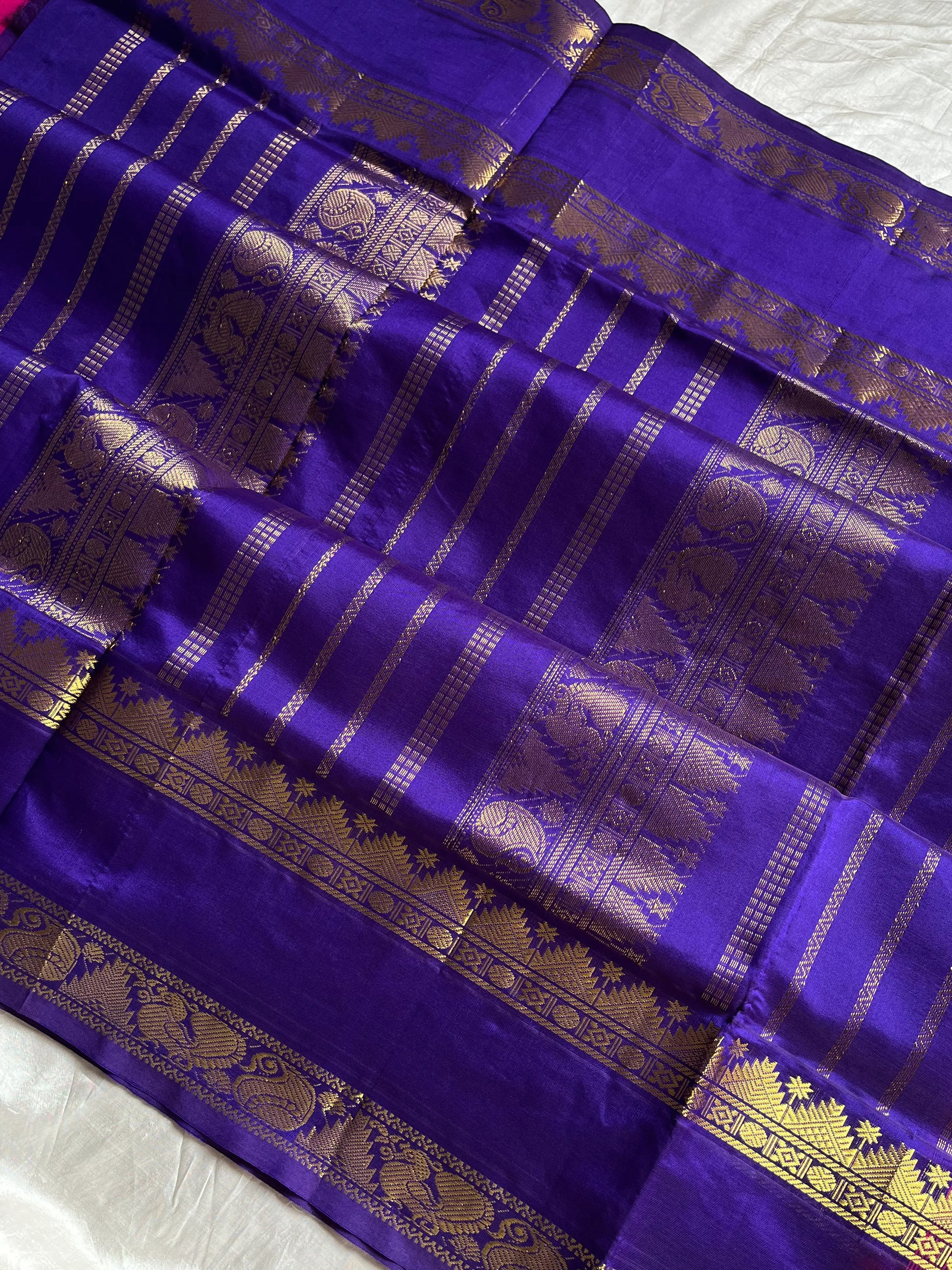 Vibrant pink handloom Kanchi silk cotton saree (50% silk, 50% cotton) with deep blue pallu and contrast blouse