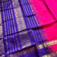 Vibrant pink handloom Kanchi silk cotton saree (50% silk, 50% cotton) with deep blue pallu and contrast blouse
