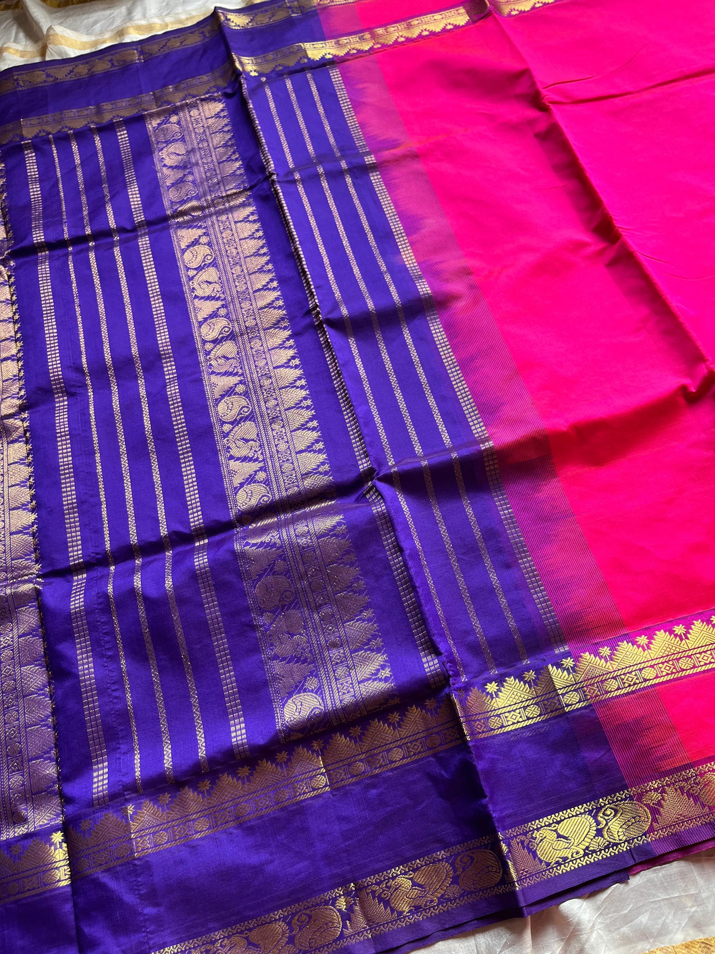 Vibrant pink handloom Kanchi silk cotton saree (50% silk, 50% cotton) with deep blue pallu and contrast blouse