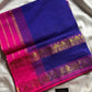 Dark blue handloom Kanchi silk cotton saree (50% silk, 50% cotton) with vibrant pink pallu and contrast blouse