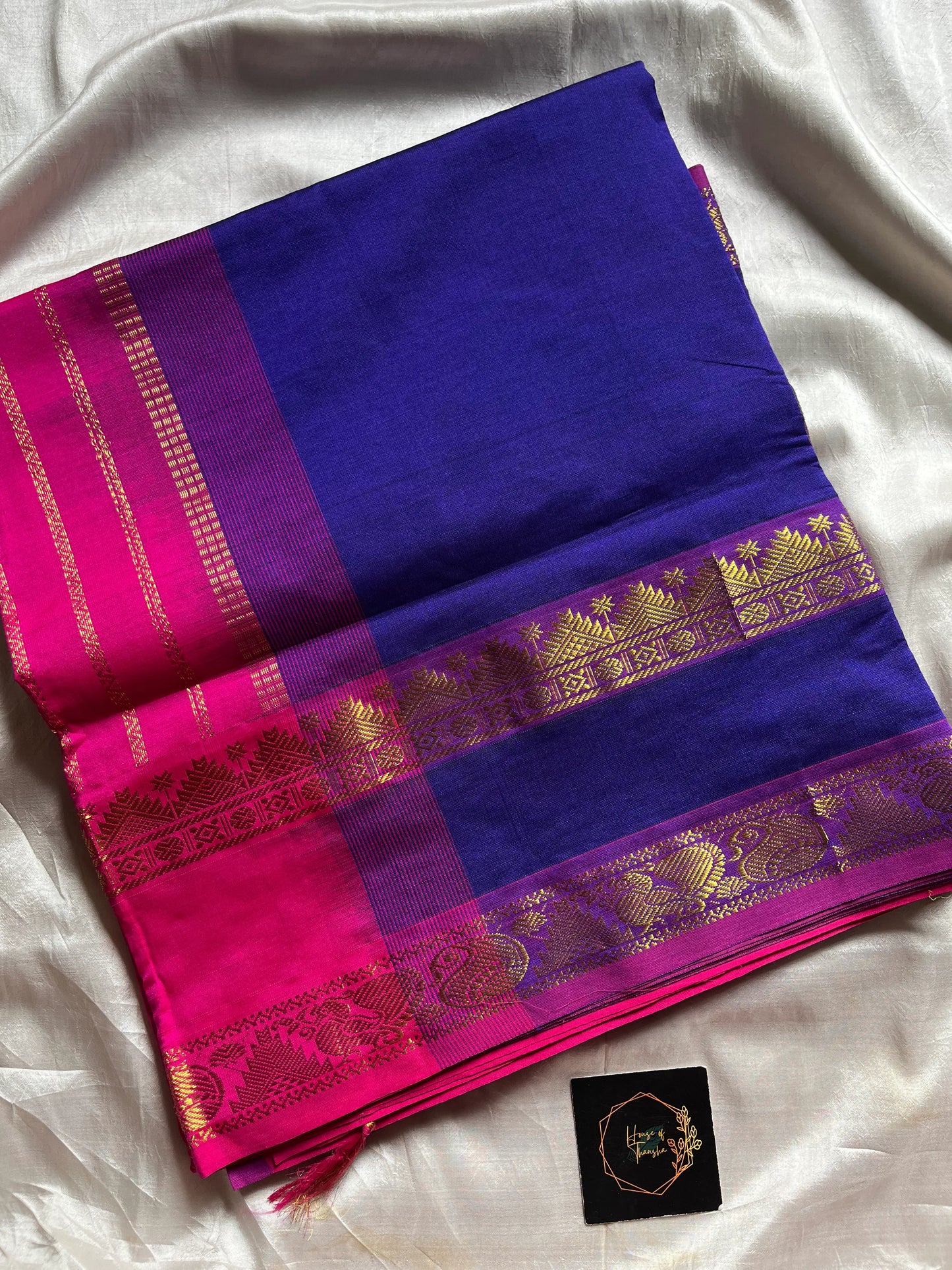 Dark blue handloom Kanchi silk cotton saree (50% silk, 50% cotton) with vibrant pink pallu and contrast blouse