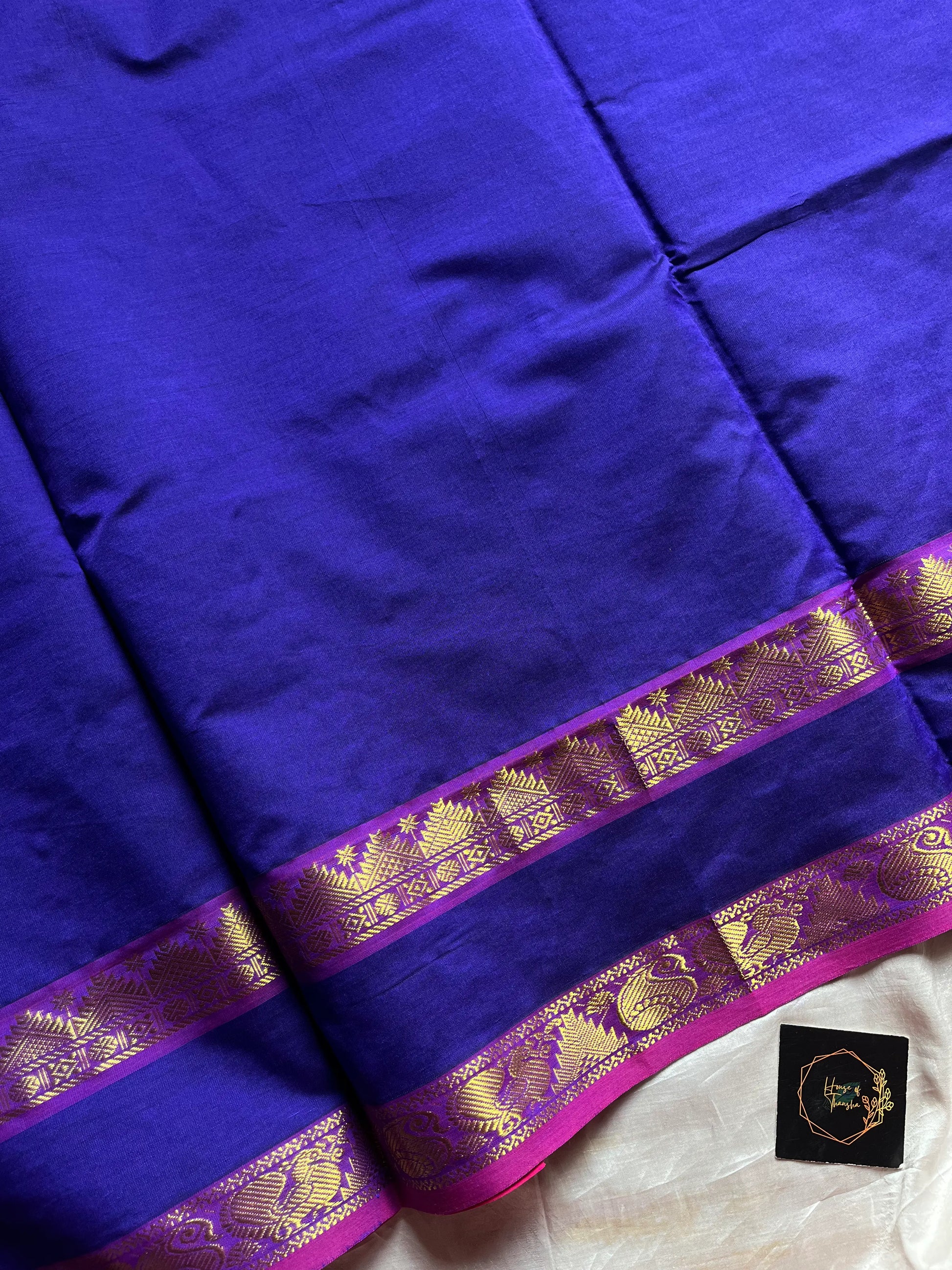 Dark blue handloom Kanchi silk cotton saree (50% silk, 50% cotton) with vibrant pink pallu and contrast blouse