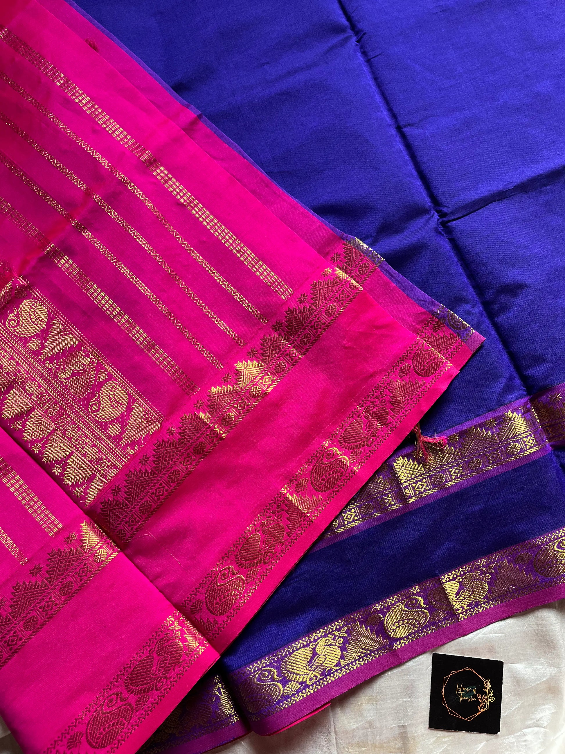 Dark blue handloom Kanchi silk cotton saree (50% silk, 50% cotton) with vibrant pink pallu and contrast blouse