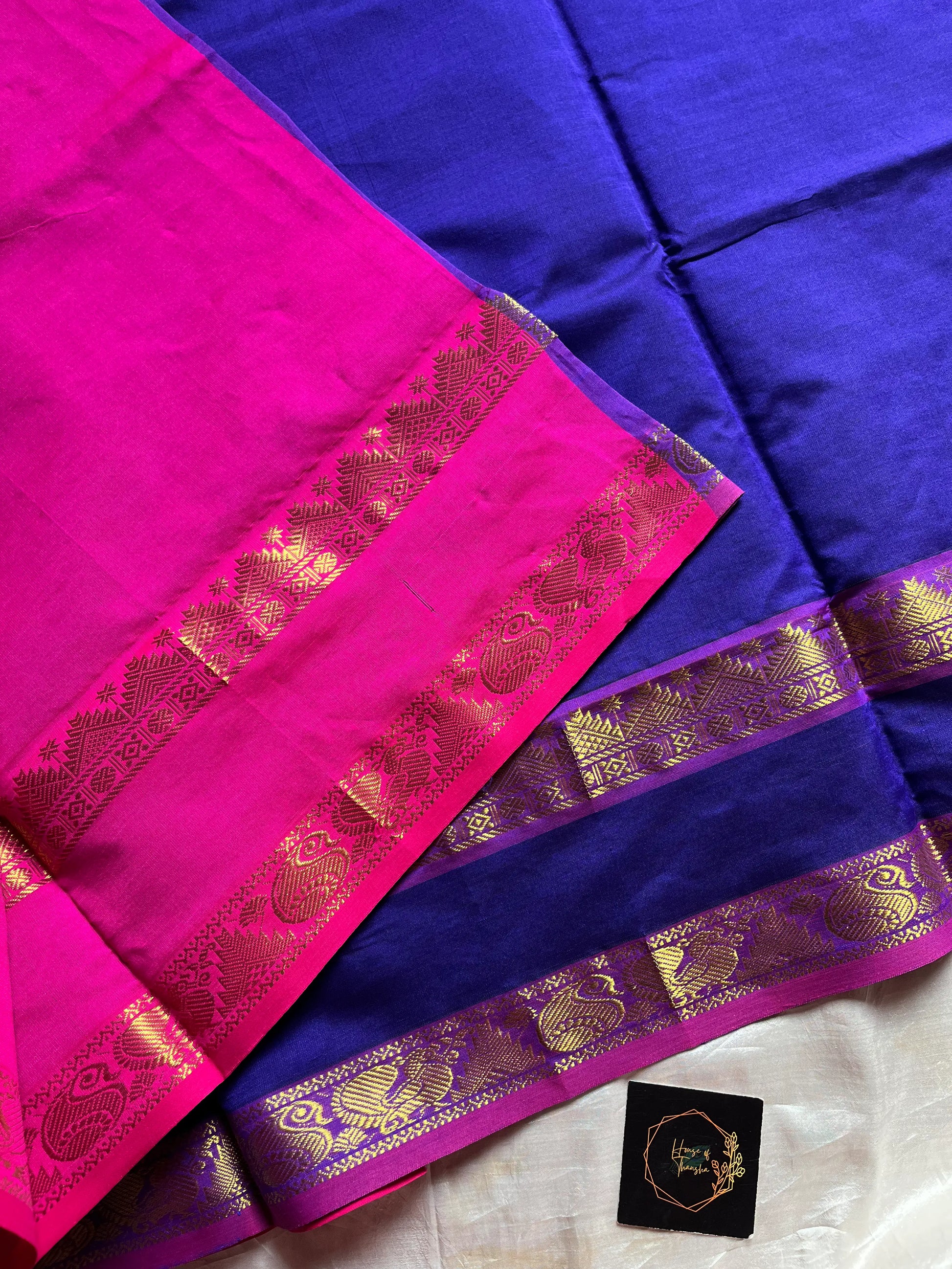 Dark blue handloom Kanchi silk cotton saree (50% silk, 50% cotton) with vibrant pink pallu and contrast blouse