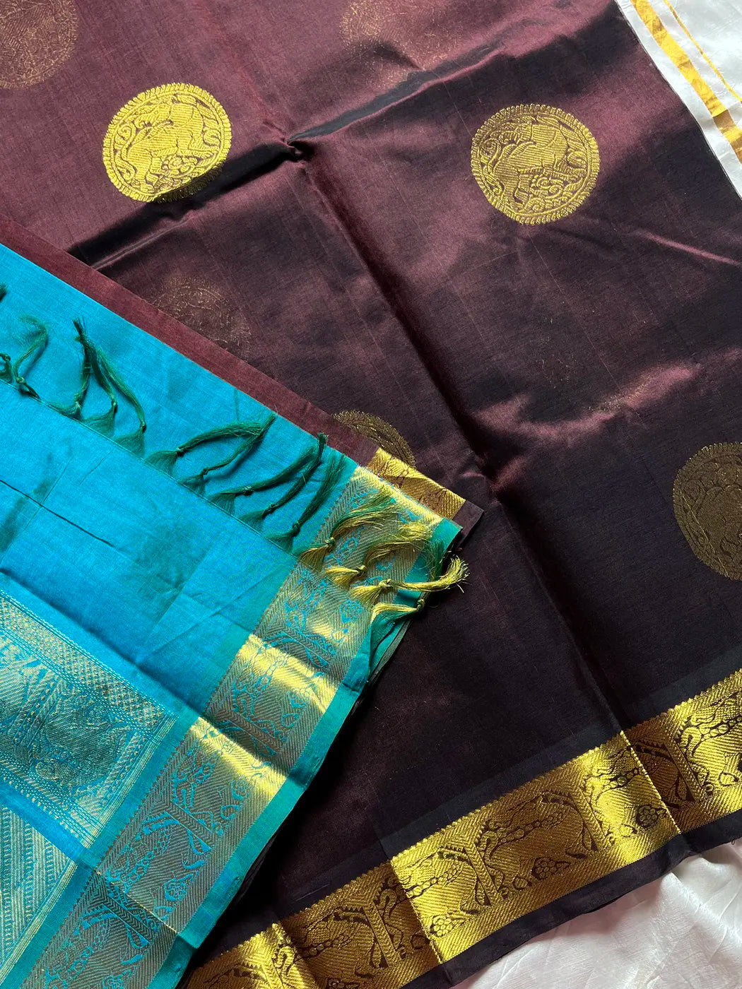 Pattu Nool Edit | Kanchi Silkcotton saree - Coffee Brown & Blue