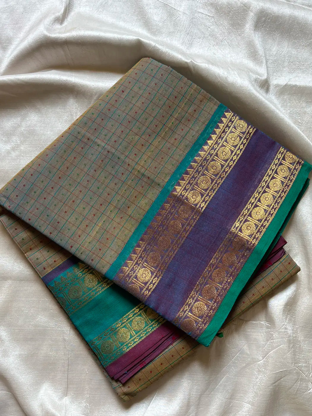 Kattam Series - Ash Teal Checked Kanchi Cotton Saree
