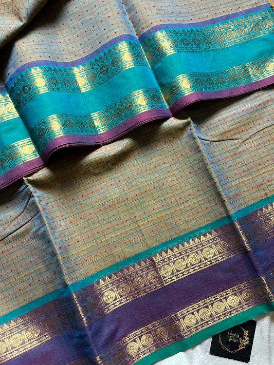 Kattam Series - Ash Teal Checked Kanchi Cotton Saree