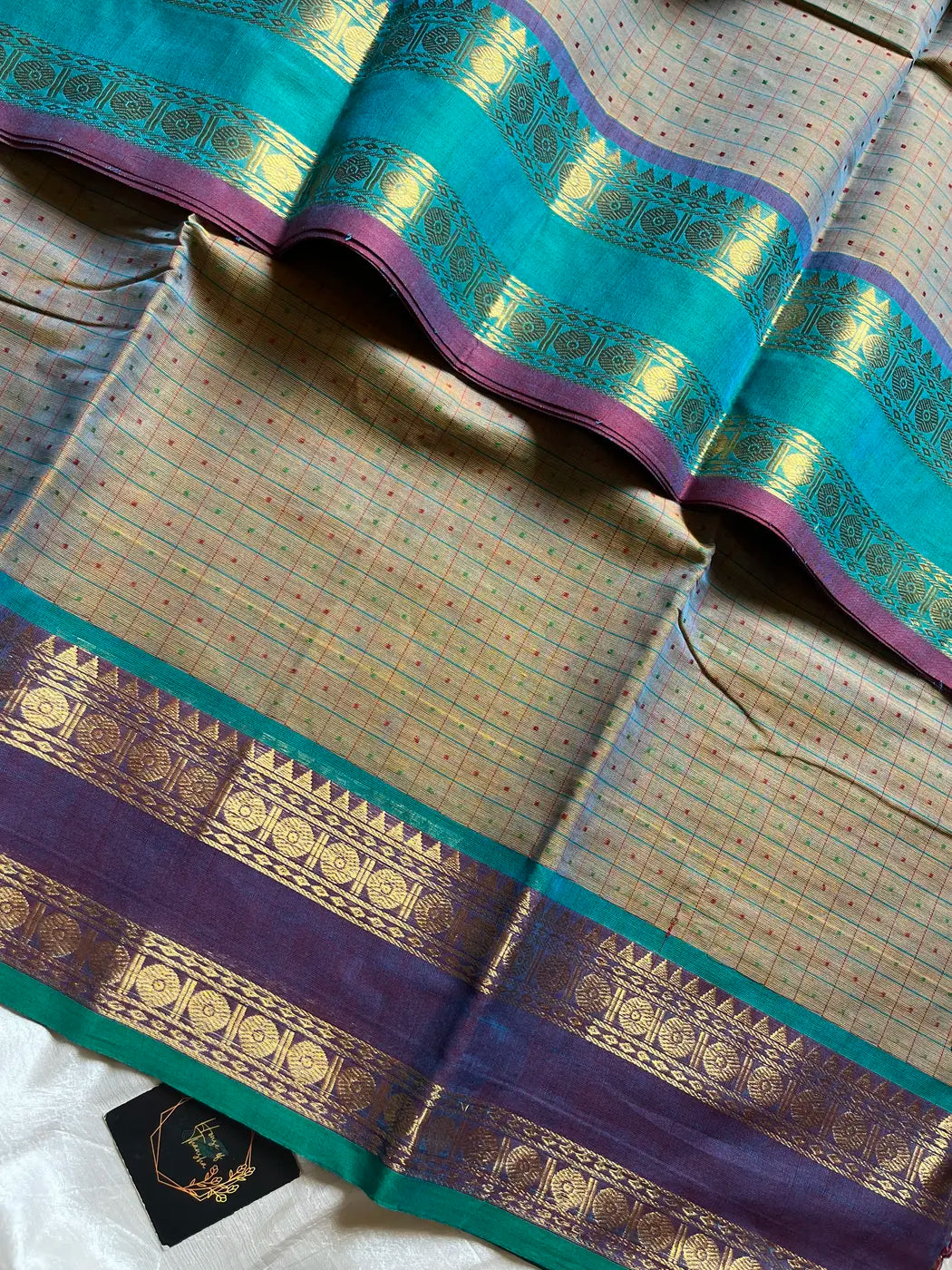 Kattam Series - Ash Teal Checked Kanchi Cotton Saree