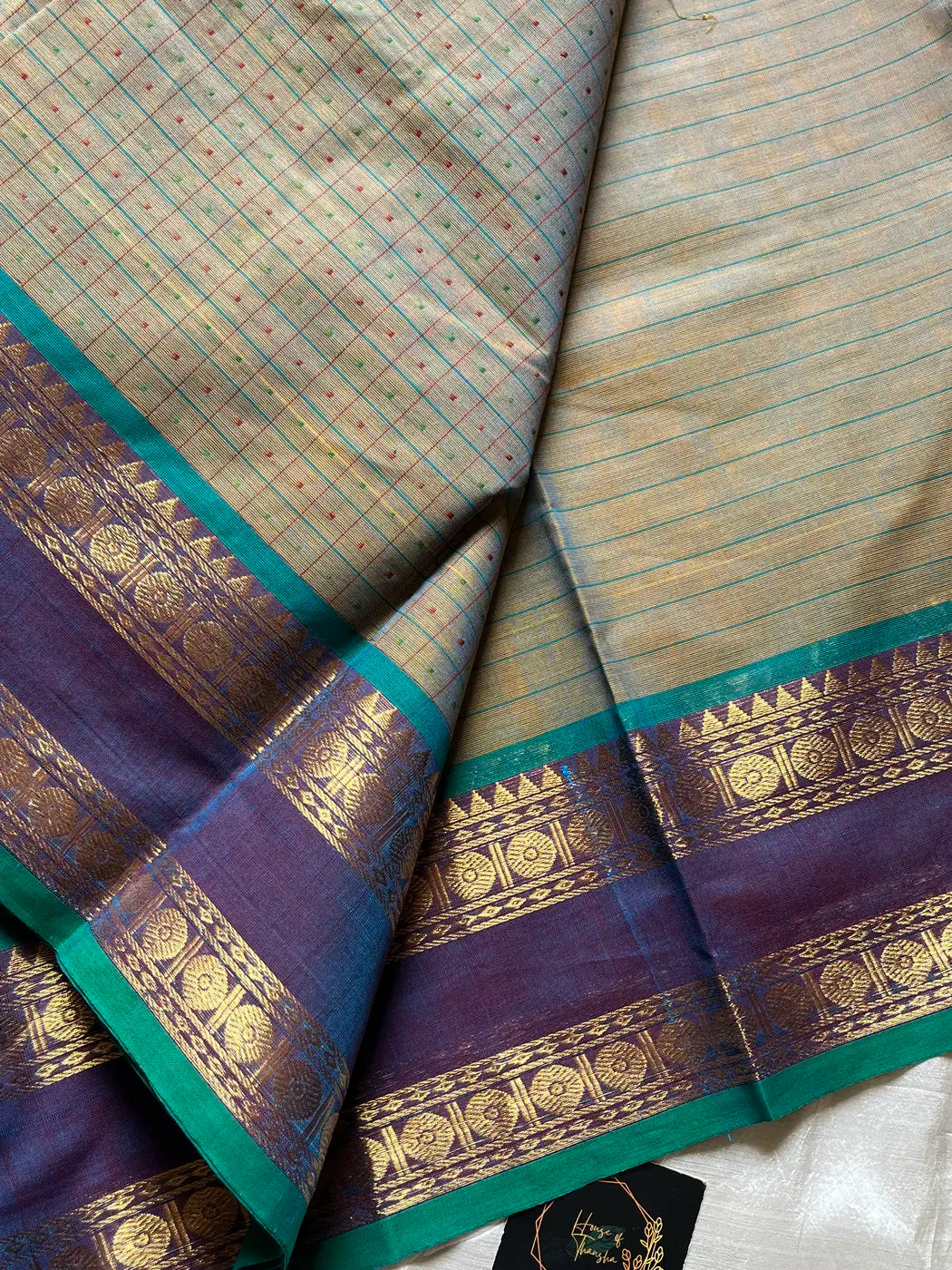 Kattam Series - Ash Teal Checked Kanchi Cotton Saree
