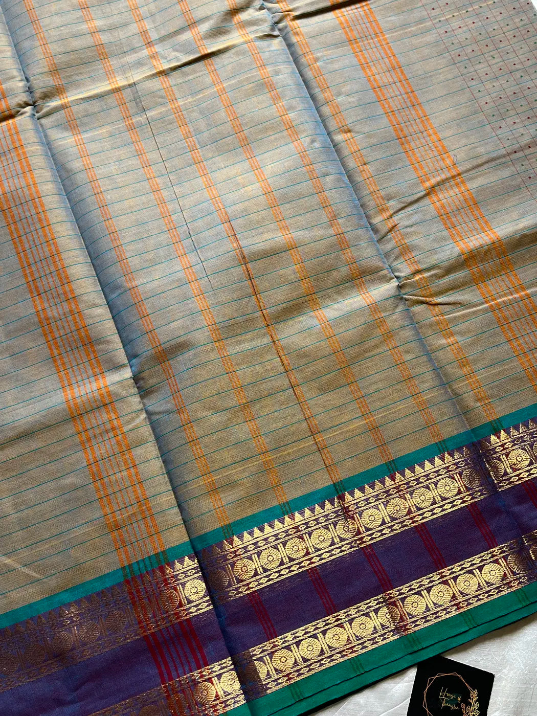 Kattam Series - Ash Teal Checked Kanchi Cotton Saree