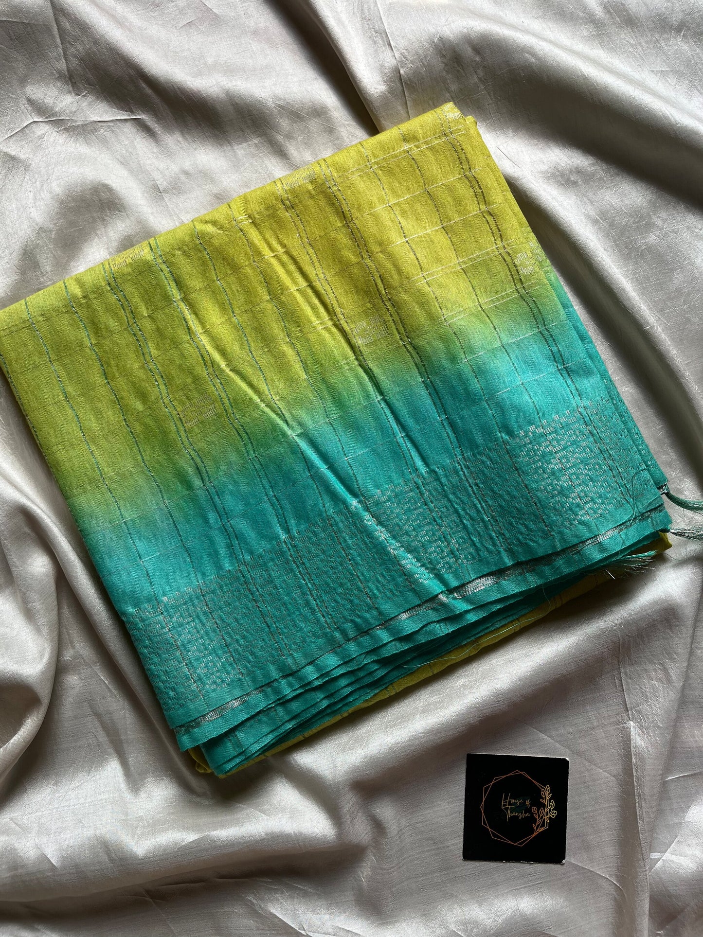 Green Slub Linen Saree with blue contrast border and blouse, breathable fabric
