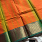 Orange Chettinadu cotton saree with subtle weave and green border, 6 meters