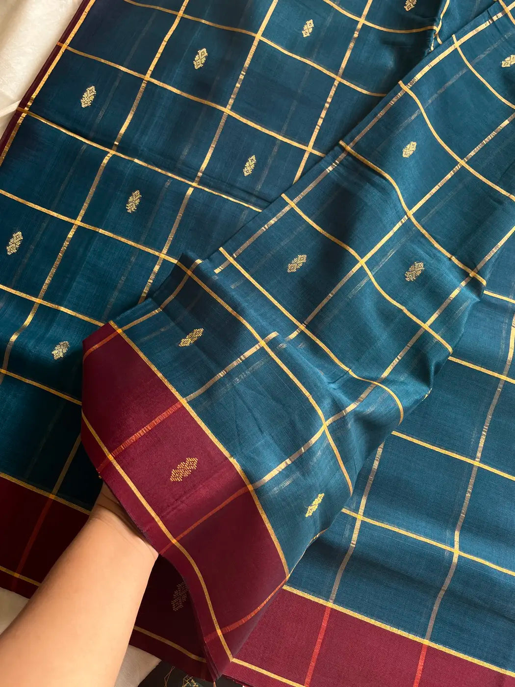 Vegan Silk saree – Blue Checked Handloom Art Silk Saree