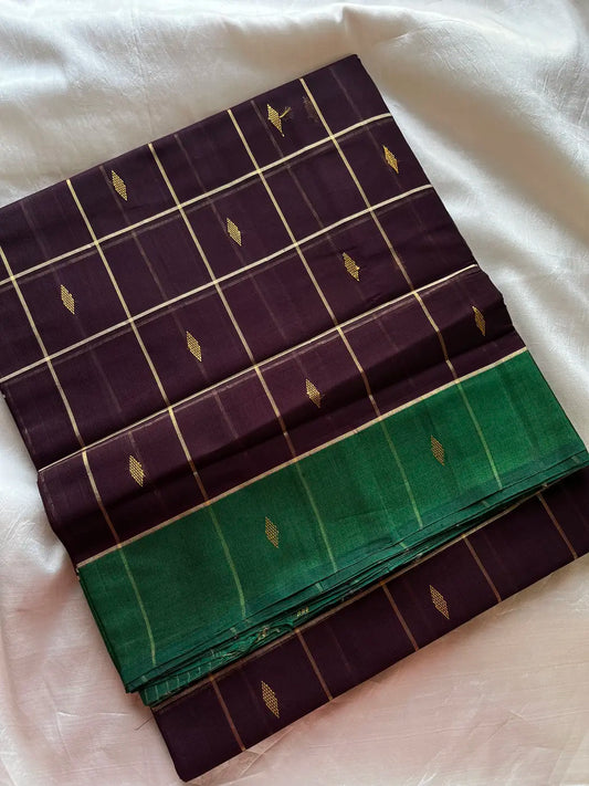 Vegan Silk saree – Plum Brown Checked Handloom Art Silk Saree