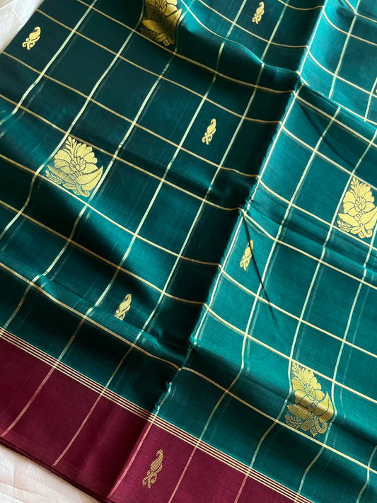 Vegan Weaves – Peacock Green Checked Handloom Art Silk Saree
