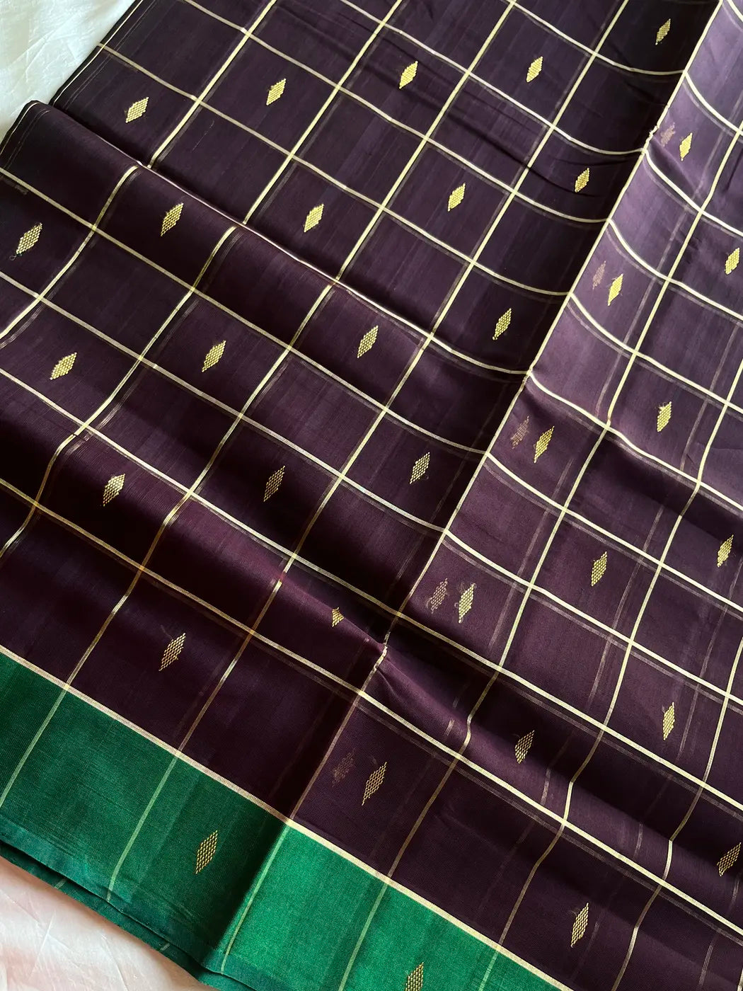 Vegan Silk saree – Plum Brown Checked Handloom Art Silk Saree