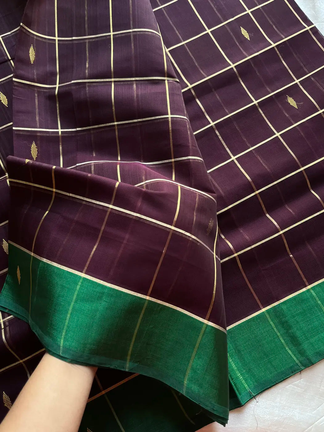 Vegan Silk saree – Plum Brown Checked Handloom Art Silk Saree