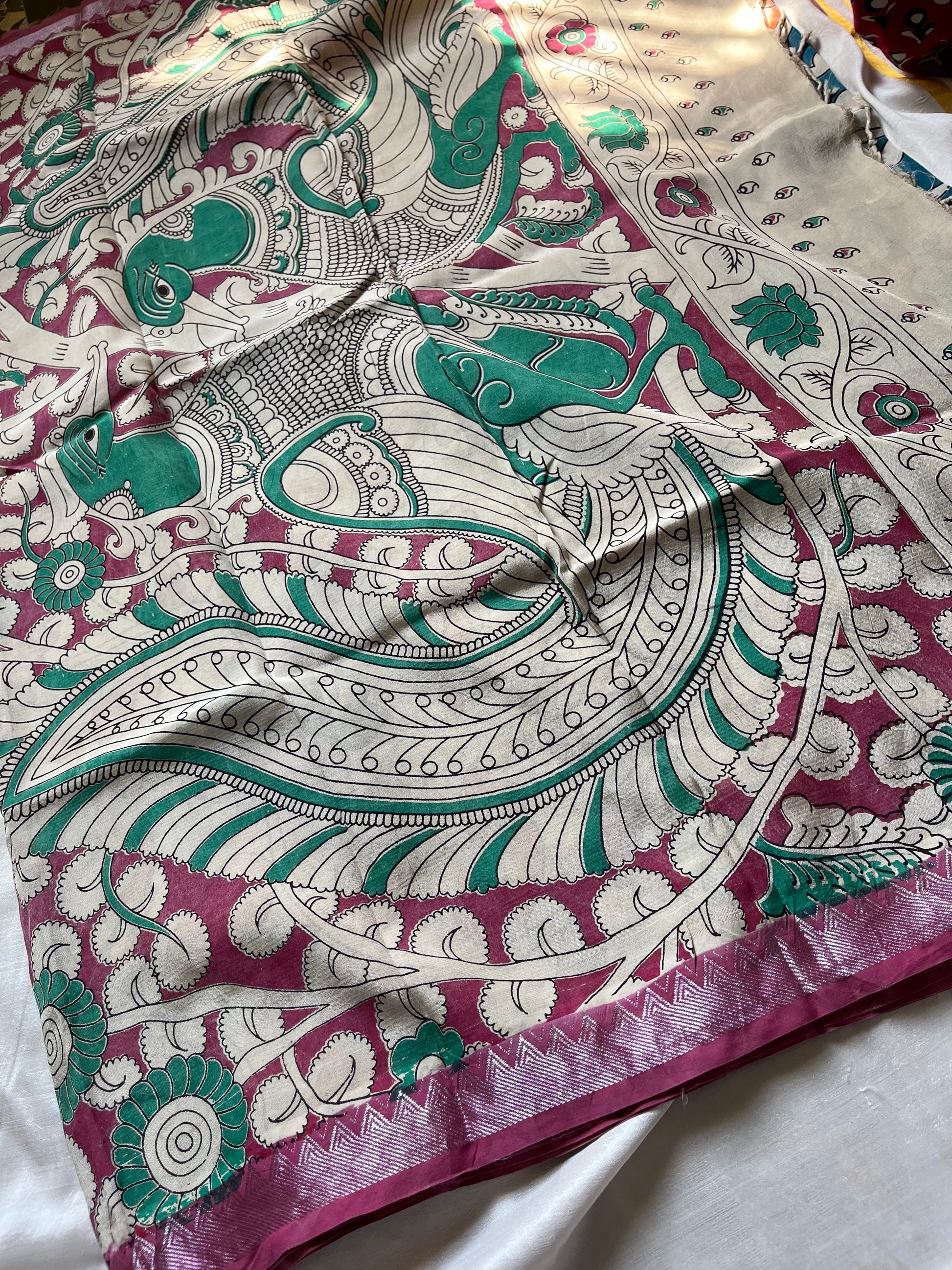 Bright sky blue Chennuri silk saree with hand-drawn Kalamkari patterns – House of Thansha