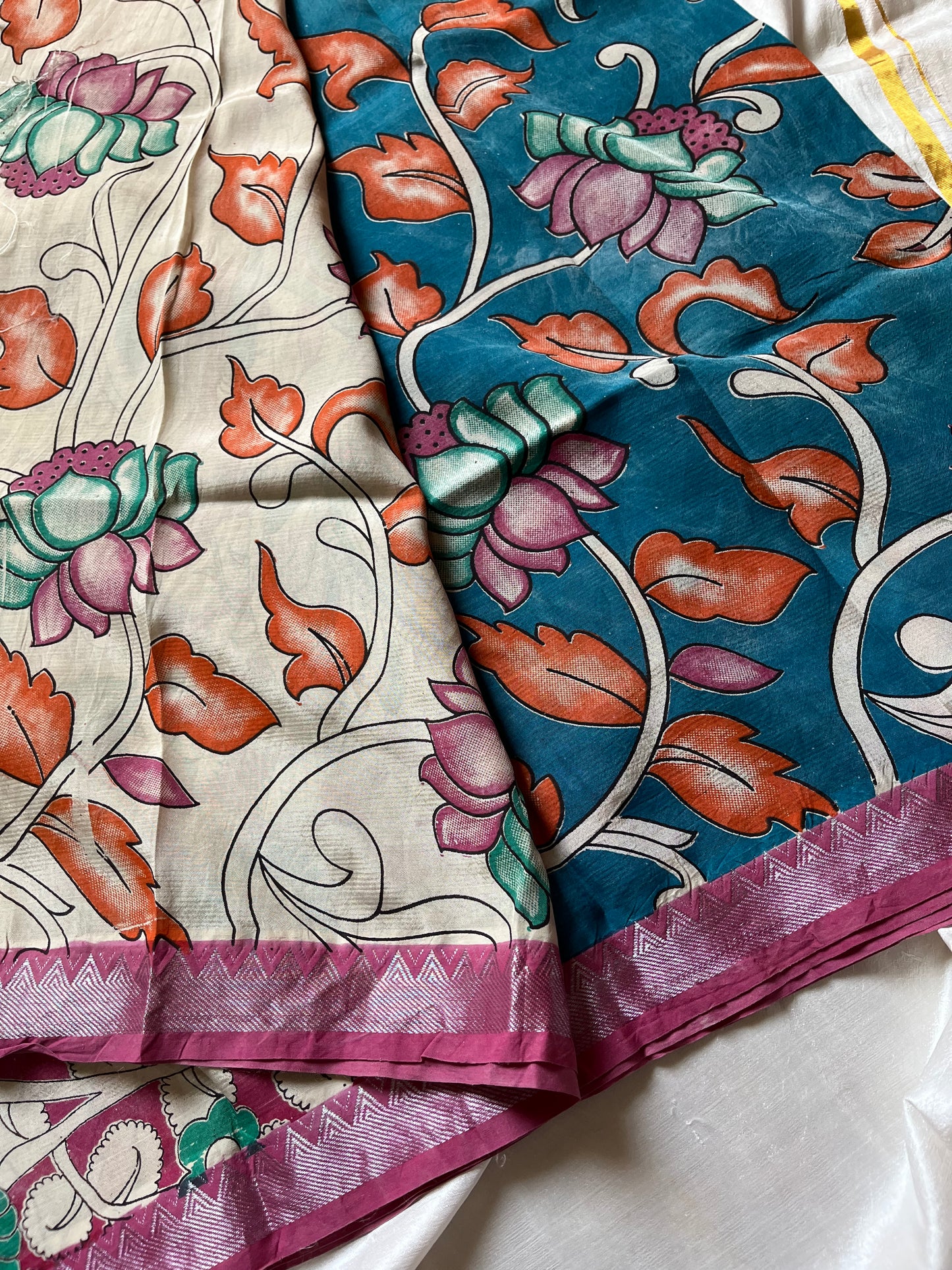 Bright sky blue Chennuri silk saree with hand-drawn Kalamkari patterns – House of Thansha