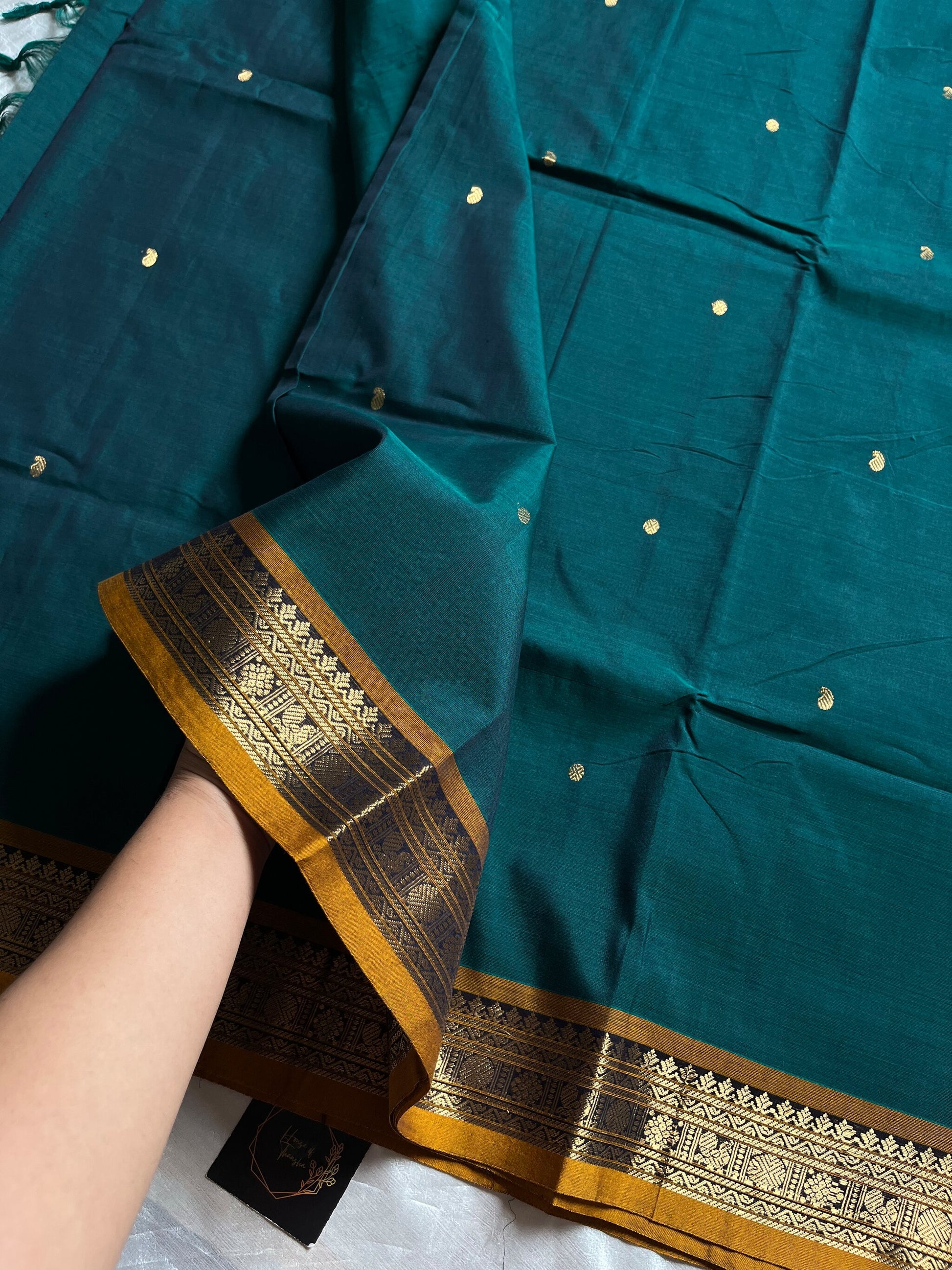 120 Count Mercerised Kanchi Cotton Saree with Zari Border and Grand Pallu – House of Thansha