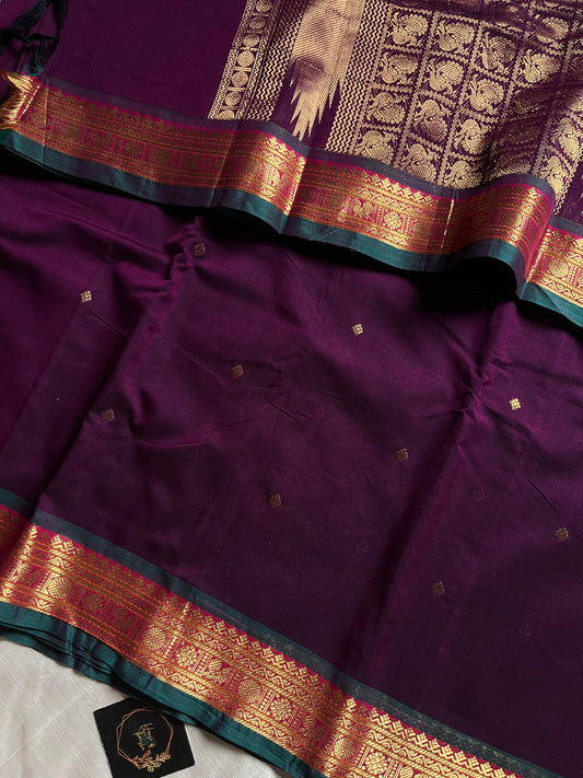 120 Count Mercerised Kanchi Cotton Saree with Zari Border and Grand Pallu – House of Thansha
