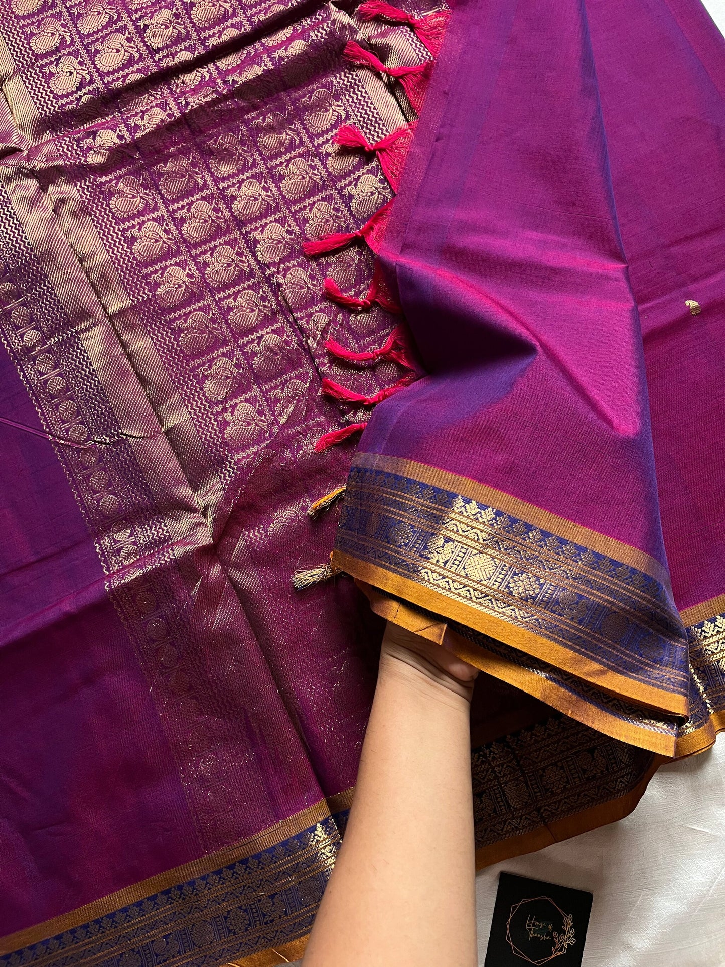 120 Count Mercerised Kanchi Cotton Saree with Zari Border and Grand Pallu – House of Thansha