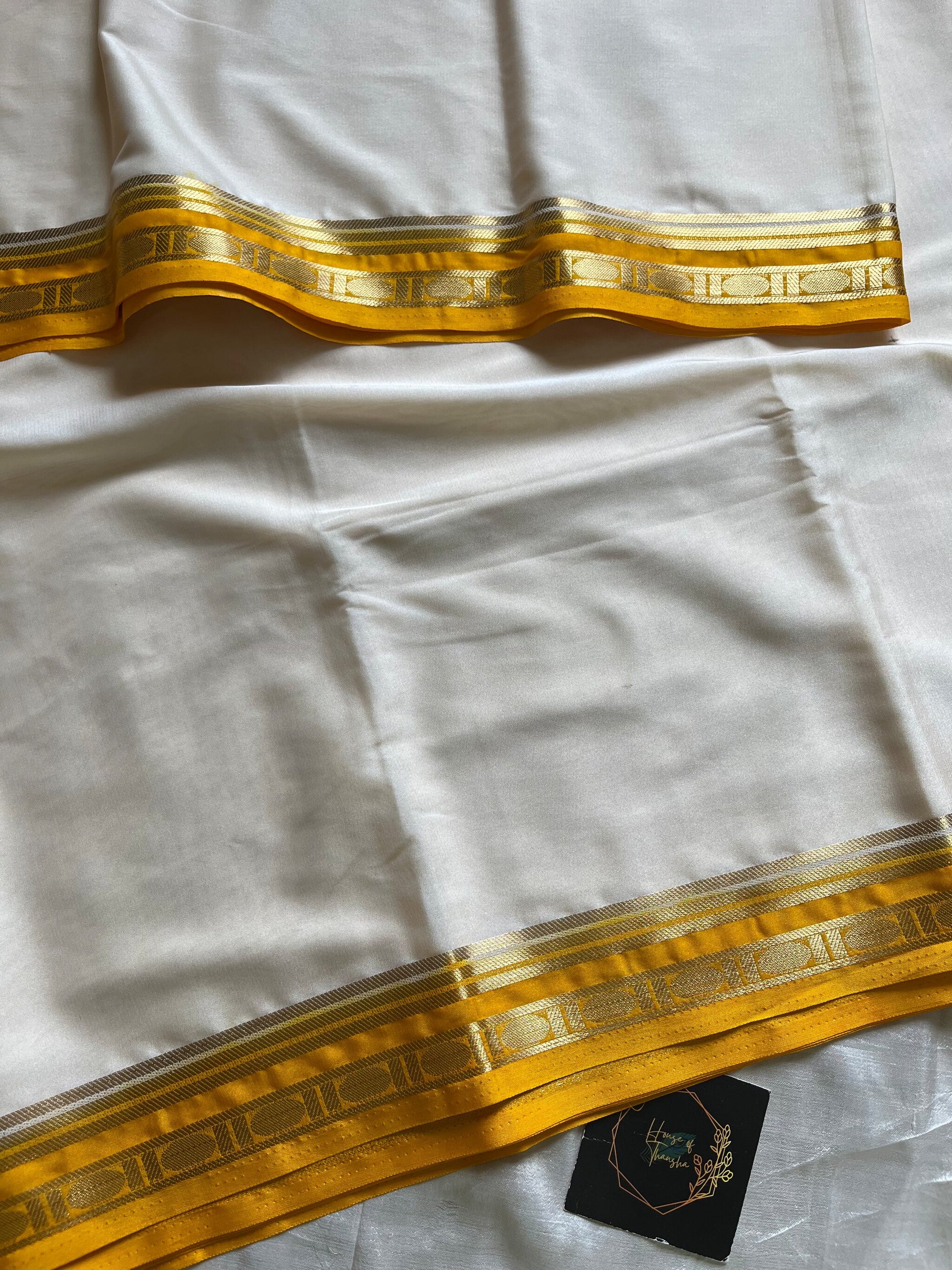Mysore Glow | Semi Mysore Silk Saree – Cream White with Golden Zari Border | House of Thansha