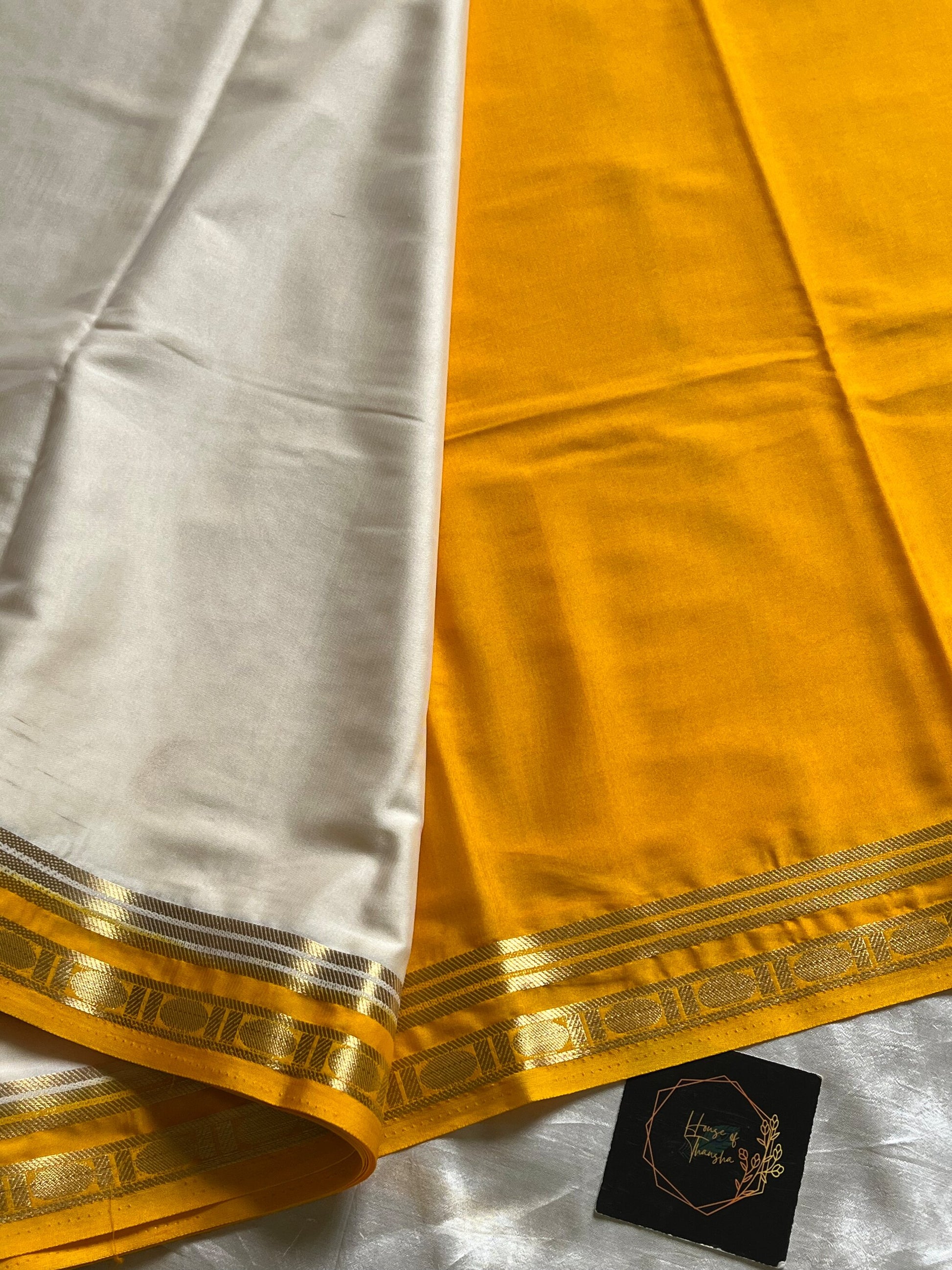 Mysore Glow | Semi Mysore Silk Saree – Cream White with Golden Zari Border | House of Thansha