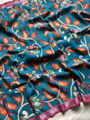 Bright sky blue Chennuri silk saree with hand-drawn Kalamkari patterns – House of Thansha