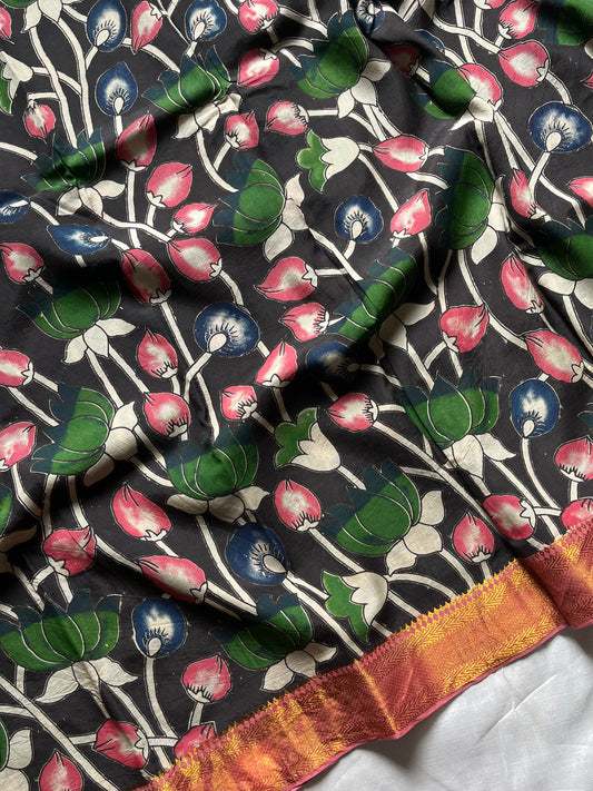 Black Chennuri silk saree with floral pen Kalamkari designs and contrast blouse – House of Thansha