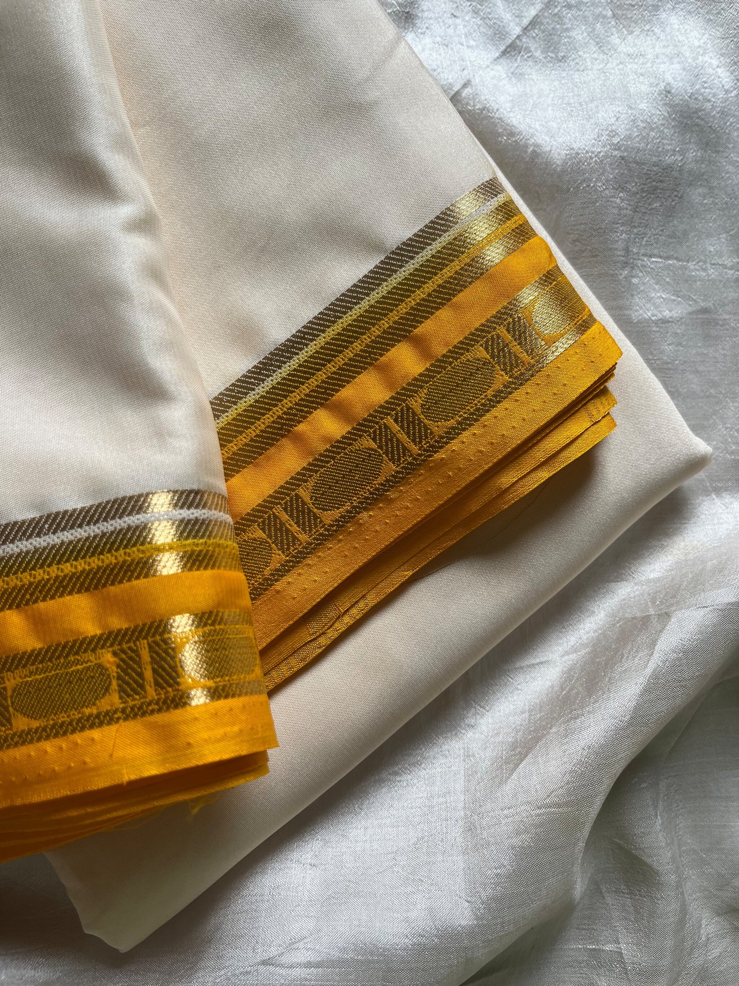 Mysore Glow | Semi Mysore Silk Saree – Cream White with Golden Zari Border | House of Thansha