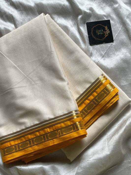 Mysore Glow | Semi Mysore Silk Saree – Cream White with Golden Zari Border | House of Thansha