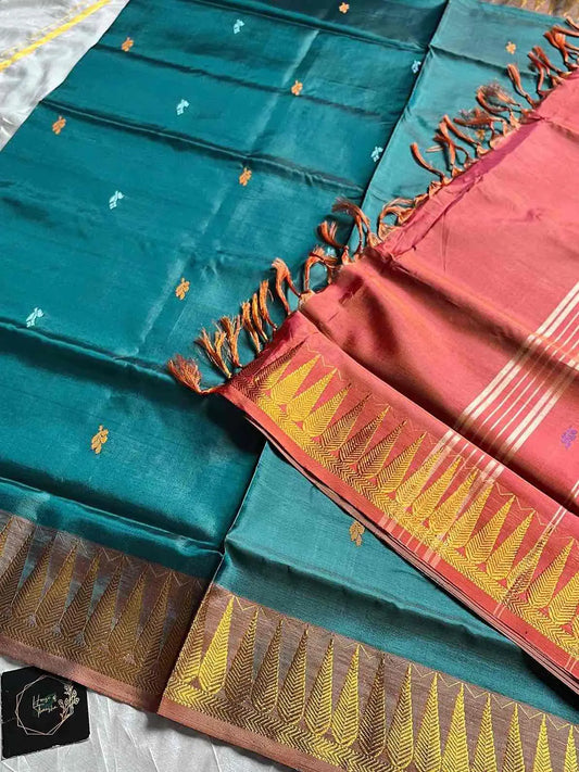 Handwoven vegan silk Chinnalampattu saree with rich zari borders from House of Thansha