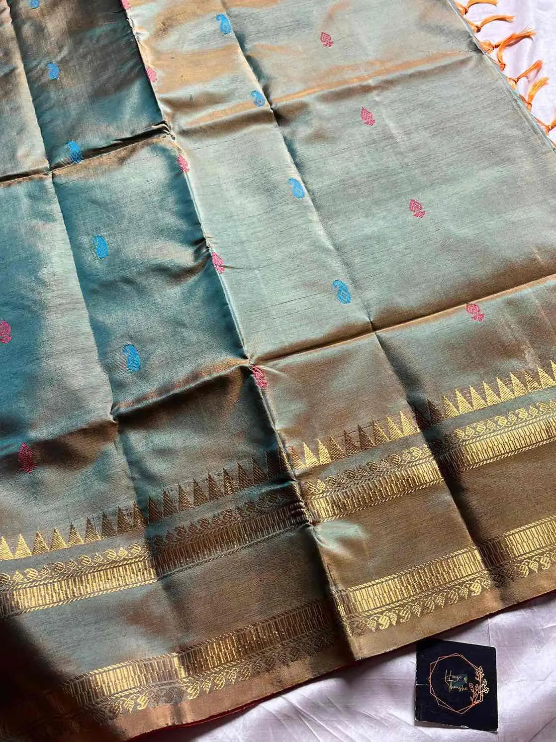 Handwoven vegan silk Chinnalampattu saree with rich zari borders from House of Thansha