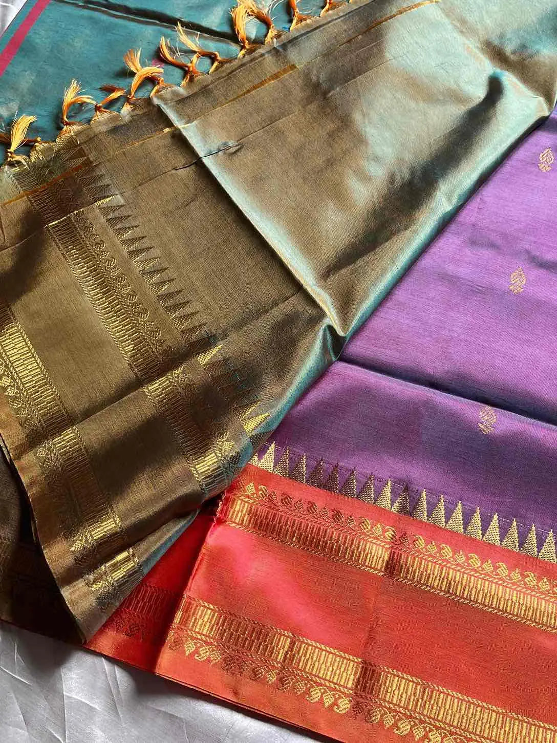 Handwoven vegan silk Chinnalampattu saree with rich zari borders from House of Thansha