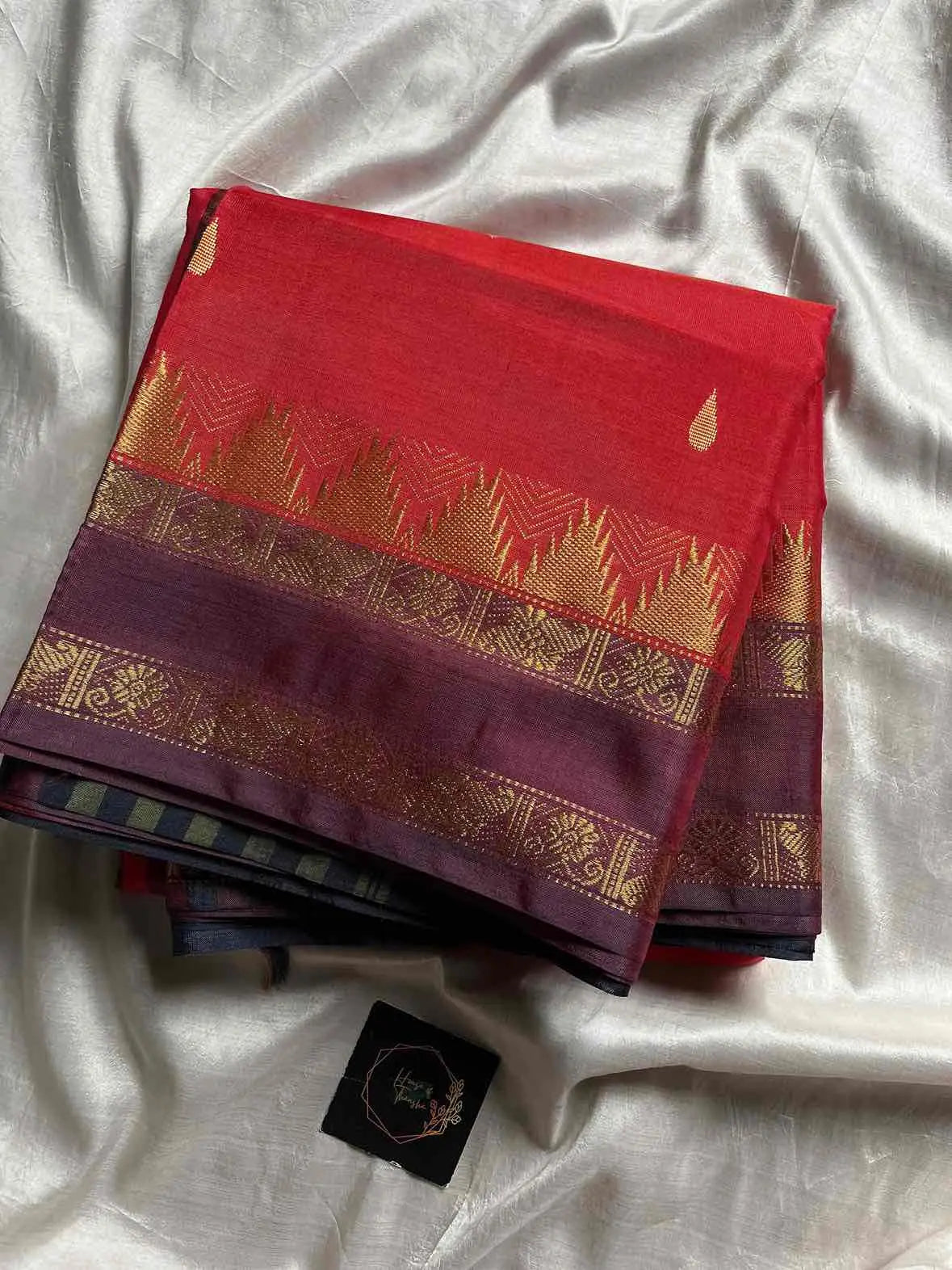 Handwoven vegan silk Chinnalampattu saree with rich zari borders from House of Thansha