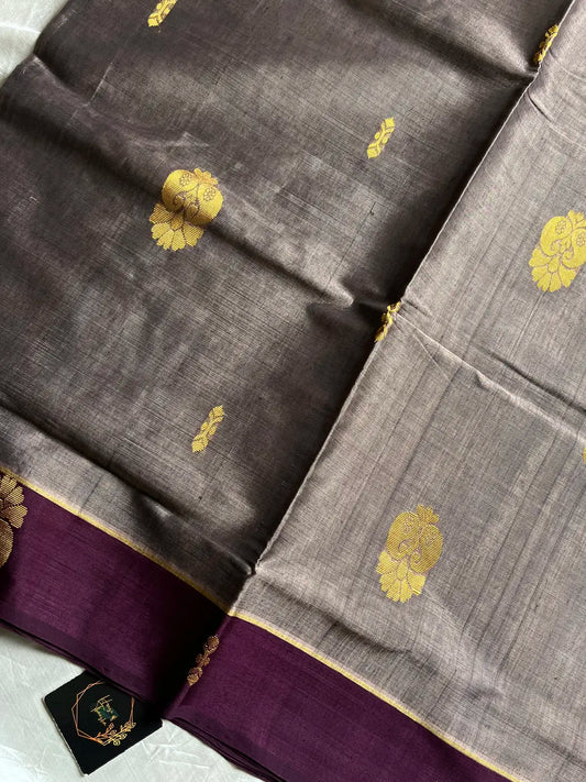 Vegan Silk Saree – Silver Smoke Plum Handloom Art Silk