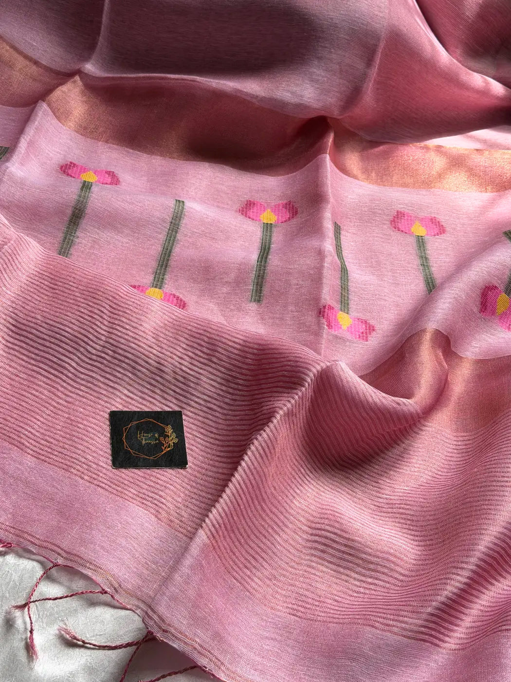 Handloom Silk Linen Jamdaani Saree - Pastel pink