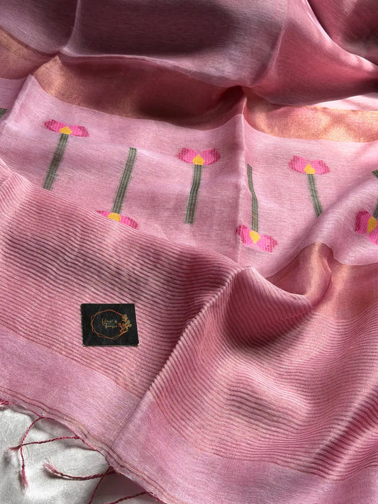 Handloom Silk Linen Jamdaani Saree - Pastel pink