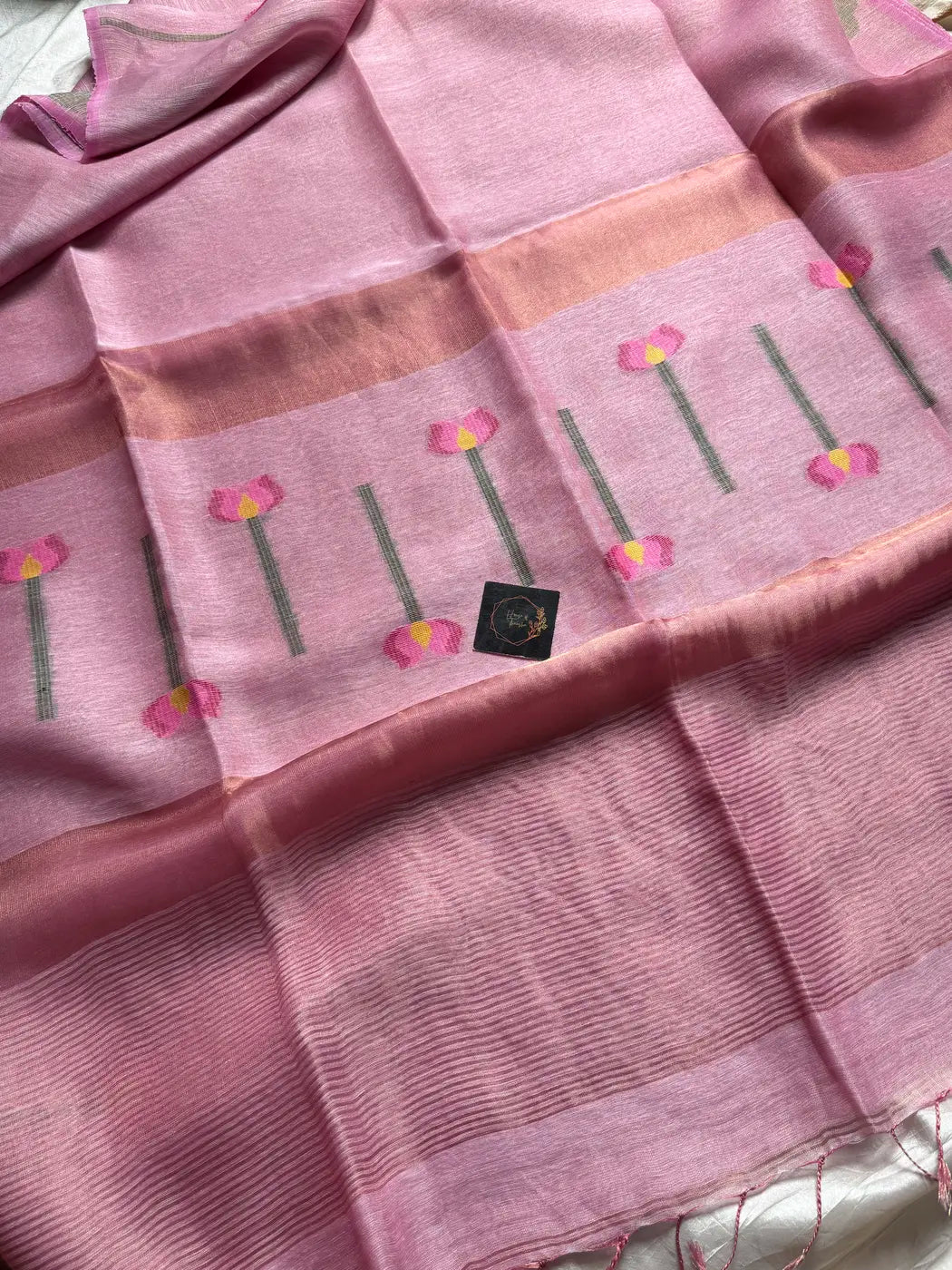 Handloom Silk Linen Jamdaani Saree - Pastel pink