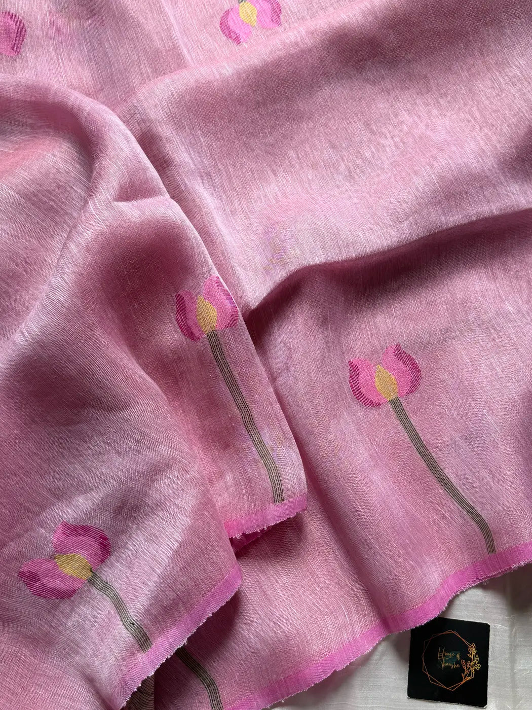 Handloom Silk Linen Jamdaani Saree - Pastel pink