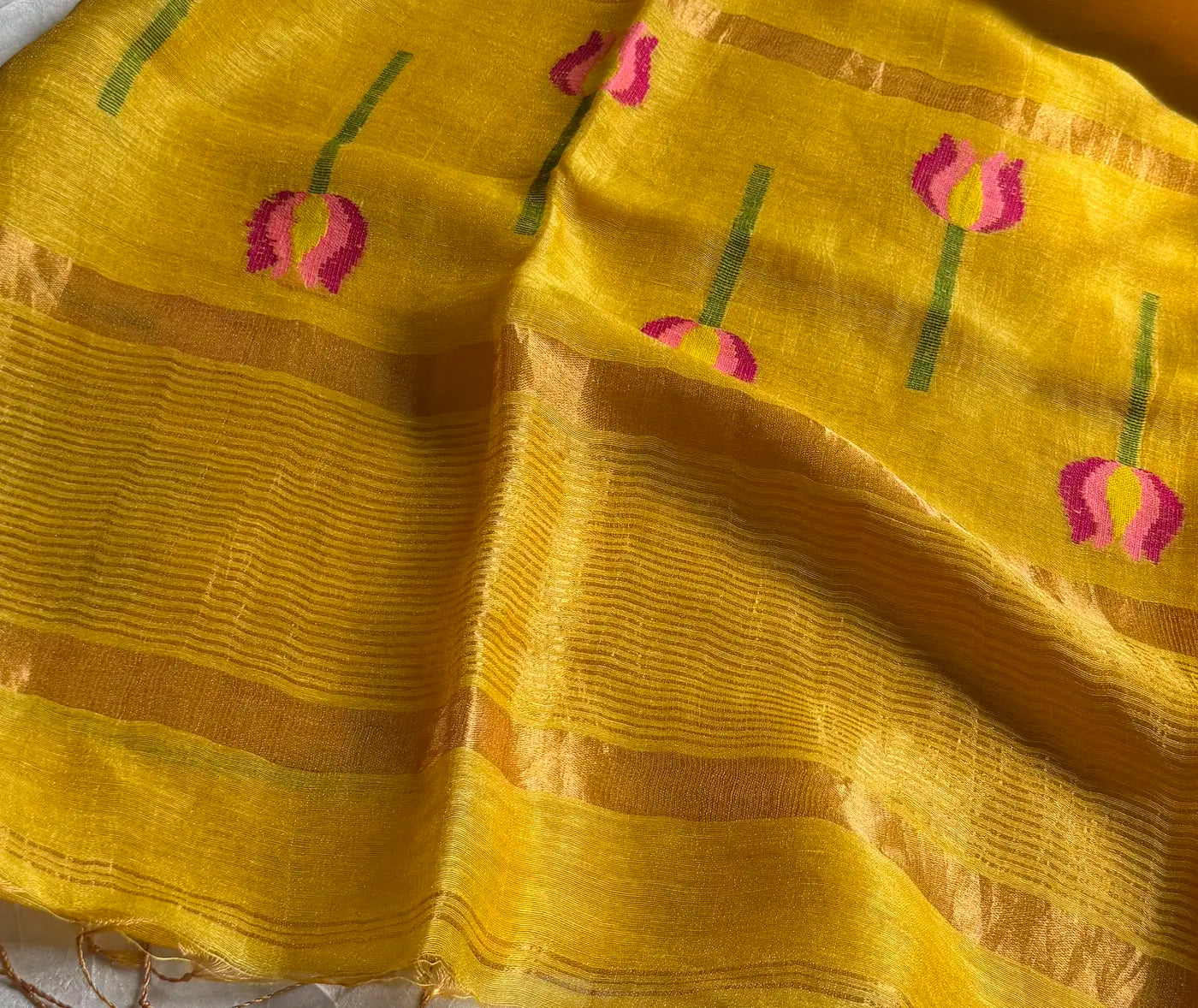 Handloom Silk Linen Jamdaani Saree - Yellow