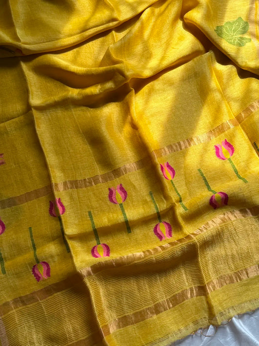 Handloom Silk Linen Jamdaani Saree - Yellow